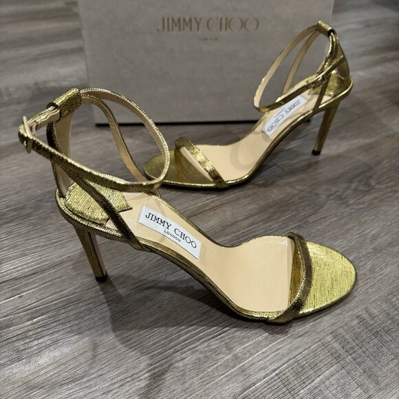 Jimmy Choo Minny 85 mm Gold Metallic Lizard Print Leather Heels Sandals - Picture 2 of 13